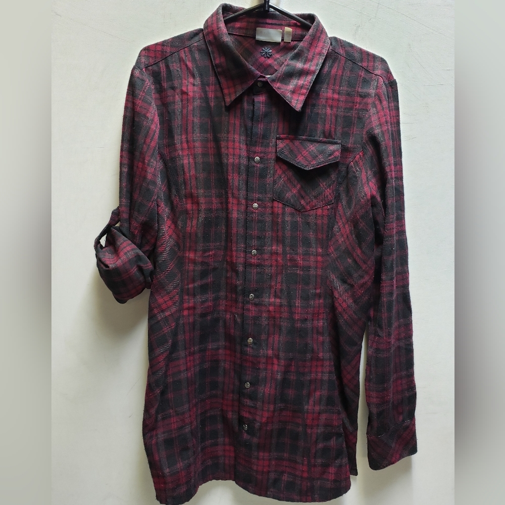 ATHLETA Womens medium plaid polyester tunic style flannel shirt top red/black